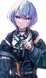 1girl absurdres black_choker blue_eyes blue_hair blue_jacket blush choker closed_mouth clothes_pull collared_dress commentary_request dress green_ribbon hair_between_eyes highres hololive hoshimachi_suisei jacket jacket_pull lace lace-trimmed_choker lace-trimmed_dress lace_trim looking_at_viewer lui_n24 medium_hair neck_ribbon open_clothes open_jacket ribbon simple_background sleeve_ribbon smile solo star_(symbol) star_in_eye symbol_in_eye upper_body virtual_youtuber white_background white_dress