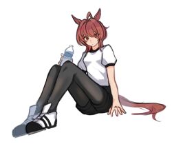 1girl agnes_tachyon_(umamusume) ahoge alternate_costume animal_ears black_pantyhose black_shoes black_shorts bottle brown_hair brown_tail commentary full_body hair_between_eyes hand_on_floor highres holding holding_bottle horse_ears horse_girl horse_tail looking_at_viewer multicolored_shoes pantyhose puffy_short_sleeves puffy_sleeves red_eyes shirt shoes short_sleeves shorts simple_background sitting solo tail teru_(t_nano) track_uniform two-tone_shoes umamusume water_bottle white_background white_shirt white_shoes