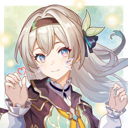 1girl black_hairband black_jacket blush breasts closed_mouth firefly_(honkai:_star_rail) grey_hair hair_between_eyes hair_intakes hair_ornament hairband heart honkai:_star_rail honkai_(series) jacket long_hair long_sleeves looking_at_viewer neckerchief orange_neckerchief pink_eyes smile solo sufajianjian upper_body