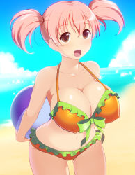 1girl arms_behind_back ball beach beachball bikini blue_sky bow breasts brown_eyes cloud day female_focus frilled_bikini frills hataraku_maou-sama! huge_breasts kyoku_tou navel open_mouth outdoors pink_hair sasaki_chiho short_hair short_twintails sky solo strap_gap swimsuit twintails