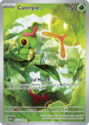 animal_focus artist_name bug card_(medium) caterpie character_name company_name copyright_name copyright_notice english_text gen_1_pokemon leaf nintendo no_humans official_art pokemon pokemon_(creature) pokemon_card pokemon_focus pokemon_tcg teeziro third-party_source trading_card