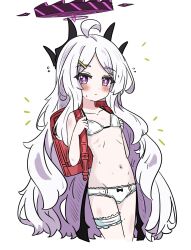 1girl absurdres ahoge backpack bag black_halo blue_archive commentary demon_girl demon_horns demon_wings e_v_e_neko flat_chest halo highres hina_(blue_archive) horns long_hair looking_at_viewer purple_eyes randoseru simple_background solo standing underwear white_background white_hair wings