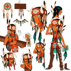 2boys aqua_eyes book dark-skinned_male dark_skin edarow facepaint fake_horns green_hair holding holding_book hoof_shoes horizontal_pupils horned_headwear horns jewelry long_hair male_focus multiple_boys multiple_views native_american necklace original simple_background topless_male very_long_hair white_background