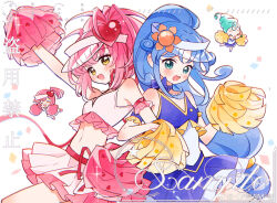 Rule 34 | 4girls, ^ ^, adapted costume, amulet heart, amulet heart (cosplay), aqua eyes, aqua hair, arm up, bare legs, bare shoulders, beehive hairdo, blue bow, blue bowtie, blue choker, blue hair, blue hat, blue leotard, blue shirt, blue shoes, blue skirt, blunt bangs, blush stickers, bow, bow choker, bowtie, cheerleader, chibi, choker, closed eyes, confetti, cosplay, cowboy shot, crop top, crossover, curly hair, dream han, dress, eyelashes, frilled armlet, frilled shirt, frilled skirt, frills, fushigiboshi no futago hime, guardian chara, hair tubes, hat, hat ornament, heart, heart hat ornament, heart print, high ponytail, highres, hinamori amu, holding, holding pom poms, leotard, leotard under clothes, light blush, locked arms, long hair, low-tied long hair, magical girl, midriff, miniskirt, multiple girls, navel, neck ribbon, open mouth, pink dress, pink hair, pink hat, pink shirt, pink shoes, pink skirt, pleated skirt, pom pom (cheerleading), pom poms, ponytail, ran (shugo chara!), red ribbon, rein (futagohime), ribbon, sample watermark, see-through clothes, see-through headwear, shirt, shoes, short hair, shugo chara!, sidelocks, single blush sticker, skirt, skirt set, sleeveless, sleeveless shirt, smile, sparkle, star (symbol), star print, sun hat ornament, the eleven seed princesses, updo, v-neck, very long hair, visor cap, watermark, white background, white shirt, yellow eyes
