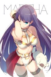 1girl bare_shoulders belt blue_eyes bra breasts character_name dog earrings echo_(circa) fate/grand_order fate_(series) gold_trim jewelry large_breasts long_hair looking_at_viewer martha_(fate) martha_(holy_maiden&#039;s_teaching)_(fate) miniskirt navel one_eye_closed panties purple_hair red_skirt showgirl_skirt skirt smile solo thigh_strap thighs underwear white_bra white_panties