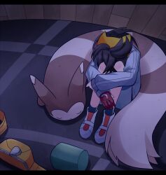 1boy bag black_hair blue_socks closed_eyes closed_mouth furret gen_2_pokemon gloves hairband highres holding holding_poke_ball hugging_own_legs jacket kieran_(pokemon) letterboxed long_sleeves male_focus motiumai nintendo on_floor poke_ball pokemon pokemon_(creature) pokemon_sv purple_hair shoes shorts single_glove sitting socks unworn_bag white_footwear yellow_hairband