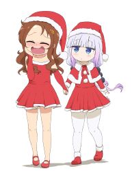 2girls alechon blue_eyes blush brown_hair child christmas closed_eyes dress female_focus flower hair_bobbles hair_flower hair_ornament hand_on_own_cheek hand_on_own_face hat holding_hands kanna_kamui kobayashi-san_chi_no_maidragon long_hair looking_at_another multiple_girls open_mouth pantyhose pom_pom_(clothes) purple_hair red_dress red_hat saikawa_riko santa_costume santa_hat shoes slit_pupils smile twintails walking white_pantyhose