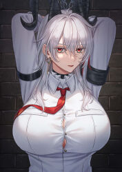 1girl absurdres alternate_breast_size armband arms_behind_head arms_up black_armband black_horns breasts button_gap chain chained collared_shirt commentary_request curled_horns dobu_jelly earrings grey_hair hair_between_eyes highres horns huge_breasts jewelry key_earrings long_hair looking_at_viewer multicolored_hair necktie parted_lips red_eyes red_necktie shirt solo streaked_hair textless_version upper_body white_shirt wuthering_waves zani_(wuthering_waves)