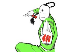 Rule 34 | 1boy, absurdres, braid, braided ponytail, chinese clothes, closed eyes, cropped legs, fighting stance, highres, kinnikuman, light smile, male focus, outstretched arm, ramenman, simple background, sushio, white background