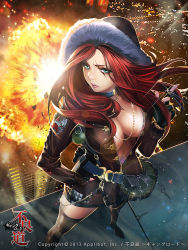 1girl backlighting belt belt_pouch belt_skirt breasts building chain cityscape cleavage collar company_name copyright_name dated explosion explosive female_focus fingerless_gloves fingernails full_body fur_trim furyou_michi_~gang_road~ glint gloves green_eyes grenade hand_in_pocket hood index_finger_raised jacket jewelry large_breasts leather leather_jacket lens_flare lights lipstick logo long_fingernails long_hair long_sleeves looking_at_viewer makeup nail_polish necklace night no_bra official_art olivia_harris original outdoors pouch red_hair rooftop scar scar_across_eye scar_on_face skyscraper solo standing tan tanline thighhighs ukero unzipped zettai_ryouiki zipper