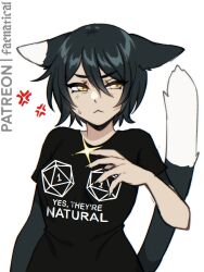 1girl anger_vein animal_ears black_hair breasts cat_ears cat_girl cat_tail d20_(die) dice dungeon_meshi faenatical hair_between_eyes highres izutsumi polyhedral_dice print_shirt shirt short_hair slit_pupils small_breasts solo tail text_print white_background yellow_eyes