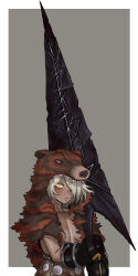 Rule 34 | 1girl, absurdres, animal skin hat, blush, breasts, chinese commentary, closed mouth, collarbone, commentary request, dark-skinned female, dark skin, ebonyxh, elden ring, eyes visible through hair, freckles, gauntlets, grey background, hair over one eye, highres, looking at viewer, over shoulder, ringed eyes, scar, scar on neck, short hair, simple background, small breasts, solaria (ebonyxh), solo, tarnished (elden ring), upper body, weapon, weapon over shoulder, white background, white hair, yellow eyes