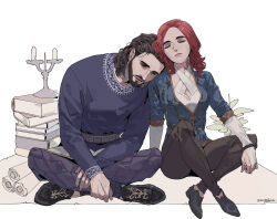 1boy 1girl aqua_eyes baldur&#039;s_gate baldur&#039;s_gate_3 beard black_shoes blue_shirt book brown_hair brown_pants byuub couple dungeons_&amp;_dragons dungeons_&amp;_dragons facial_hair gale_(baldur&#039;s_gate) head_on_another&#039;s_shoulder hetero indian_style long_hair pants purple_pants purple_shirt red_hair scroll shirt shoes sitting tav_(baldur&#039;s_gate)