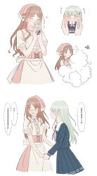 2girls absurdres apron bang_dream! bang_dream!_it&#039;s_mygo!!!!! blue_eyes blue_shirt blue_skirt blush brown_hair character_doll chinese_commentary chinese_text closed_eyes commentary_request crimiko doll dolls_kissing flying_sweatdrops green_hair grey_neckerchief headscarf heart highres holding_hands long_hair multiple_girls nagasaki_soyo neckerchief pink_skirt pleated_skirt sailor_collar school_uniform shirt short_sleeves simple_background skirt speech_bubble suspender_skirt suspenders translation_request tsukinomori_school_uniform wakaba_mutsumi white_apron white_background white_sailor_collar white_shirt yellow_eyes yuri