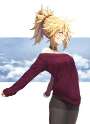 1girl black_panties blonde_hair blue_sky braid breasts brown_pantyhose choker closed_eyes collarbone fate/apocrypha fate_(series) grin half_up_braid highres long_hair mordred_(fate) mordred_(fate/apocrypha) off-shoulder_sweater off_shoulder panties panties_under_pantyhose pantyhose parted_bangs ponytail purple_sweater sidelocks sky small_breasts smile solo sweater thighband_pantyhose thighs tonee underwear
