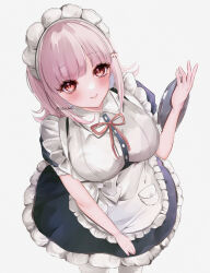 1girl absurdres apron breasts brown_hair churu_(chu1e0) danganronpa_(series) danganronpa_2:_goodbye_despair dress flipped_hair frills galaga hair_ornament highres looking_at_viewer maid maid_apron maid_headdress medium_hair nanami_chiaki neck_ribbon o_soba_(soba3ly) pink_eyes ribbon simple_background smile solo white_apron