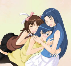 00s 3girls amami_haruka blue_eyes blue_hair breast_smother breasts brown_hair face_to_breasts hug idolmaster idolmaster_(classic) idolmaster_1 kisaragi_chihaya miura_azusa multiple_girls smother thighhighs willwind30