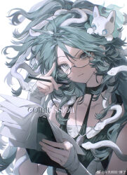 1girl glasses green_eyes green_hair highres holding holding_removed_eyewear long_hair original paper pen snake solo unworn_eyewear weibo_5312459091