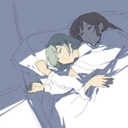 2girls animated animated_gif arm_support bang_dream! bang_dream!_it&#039;s_mygo!!!!! blinking brown_hair chinese_commentary closed_eyes closed_mouth commentary_request cuddling e-fa-dorn green_hair hair_ornament hairclip hug hug_from_behind long_hair long_sleeves looking_at_another looking_back multiple_girls nagasaki_soyo on_bed pillow shirt sleeping under_covers upper_body wakaba_mutsumi waking_up white_shirt yellow_eyes yuri