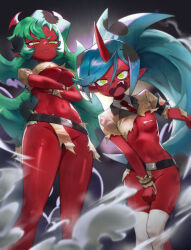 2girls arms_under_breasts belt black_belt blue_hair breasts closed_mouth collared_shirt colored_skin commentary covering_crotch covering_privates crossed_arms demon_girl english_commentary exploding_clothes fang fang_out feet_out_of_frame floating_hair from_below glasses green_eyes green_hair highres horns knees_together_feet_apart kneesocks_(psg) large_breasts long_hair multiple_girls navel necktie open_mouth panty_&amp;_stocking_with_garterbelt pisik red_necktie red_skin scanty_(psg) shirt short_eyebrows siblings single_horn sisters smoke standing thighhighs torn_clothes torn_shirt torn_thighhighs underboob very_long_hair white_shirt white_thighhighs yellow_eyes