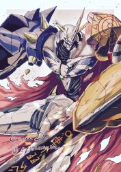Rule 34 | arm blade, arm cannon, armor, border, brown background, cape, cowboy shot, digimon, digimon (creature), green eyes, highres, horns, mecha, omegamon, red cape, robot, sawa d, shoulder armor, simple background, solo, sword, torn cape, torn clothes, weapon, white armor, white border