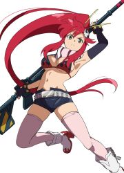 1girl anti-materiel_rifle belt bikini bikini_top_only bracelet breasts fingerless_gloves flame_print foot_out_of_frame frown gloves gun hair_ornament hair_stick highres jewelry large_breasts long_hair looking_at_viewer no_shirt pink_thighhighs ponytail poteke red_hair rifle scarf short_shorts shorts skull_hair_ornament sniper_rifle solo striped_clothes striped_scarf studded_belt studded_bracelet swimsuit tengen_toppa_gurren_lagann thighhighs weapon white_background yellow_eyes yoko_littner