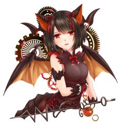 Rule 34 | 1girl, animal ears, bad id, bad twitter id, black hair, bow, bowtie, breasts, brown dress, dragon ears, dragon horns, dragon wings, dress, female focus, gears, horns, kazuyoshi, looking at viewer, medium breasts, myr (p&amp;d), open mouth, puzzle &amp; dragons, red bow, red bowtie, red eyes, short hair, simple background, sleeveless, solo, upper body, white background, wings