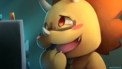 :3 :d amagi_brilliant_park artist_name blush_stickers claws colored_skin covering_own_mouth fangs horns nurinaki open_mouth orange_eyes red_eyes smile solo triceratops triken yellow_skin
