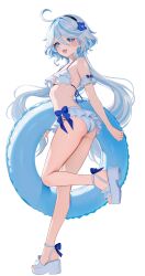 Rule 34 | 1girl, absurdres, alternate costume, armpit crease, ass, bikini, black hairband, blue hair, breasts, cloud, cowlick, furina (genshin impact), genshin impact, hairband, heterochromia, highres, holding, holding swim ring, innertube, long hair, looking at viewer, looking back, medium breasts, navel, open mouth, rrr gns (riuriu 1212), sandals, solo, stomach, swim ring, swimsuit, thighs, wavy hair, white background, white bikini, white sandals