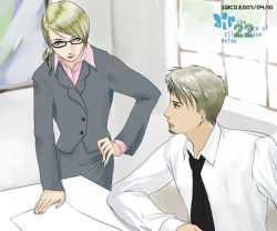 1boy 1girl blonde_hair blue_eyes business_suit cing facial_hair formal_clothes glasses goatee hand_on_own_hip hotel_dusk kyle_hyde lipstick makeup necktie pencil_skirt rachel_(hotel_dusk) short_hair silver_hair skirt suit window