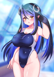 1girl absurdres alternate_costume black_hair blue_hair blue_one-piece_swimsuit blurry blurry_background blush breasts commentary_request competition_swimsuit covered_navel cowboy_shot curled_horns demon_girl demon_horns grey_horns hand_in_own_hair hebiyoi_tier highres horns large_breasts long_hair multicolored_hair nanashi_inc. one-piece_swimsuit open_mouth pointy_ears rei_no_pool sidelocks solo swimsuit two-tone_hair virtual_youtuber yellow_eyes yomusu