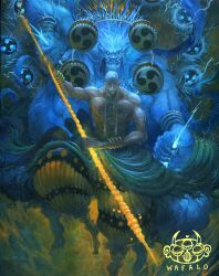 Rule 34 | 1boy, absurdres, alternate form, baggy pants, bandana, blonde hair, blue skin, bracelet, clenched teeth, colored skin, devil fruit power, drum, dual persona, electricity, electrokinesis, enel, fangs, full body, glowing, glowing eyes, gold bracelet, highres, holding, holding polearm, holding staff, holding weapon, instrument, jewelry, knee up, lightning, long earlobes, male focus, mitsudomoe (shape), monster, multiple bracelets, muscular, muscular male, one piece, pants, polearm, smile, staff, taiko drum, teeth, tomoe (symbol), topless male, transformation, tusks, two-handed, wafalo, weapon, white bandana
