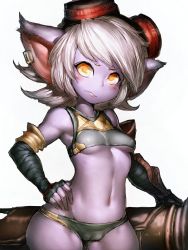 1girl :s bare_shoulders breasts cameltoe colored_skin covered_erect_nipples earrings elbow_gloves female_focus fingerless_gloves fumio_(rsqkr) gloves goggles goggles_on_head hand_on_own_hip hip_focus jewelry league_of_legends looking_at_viewer navel pointy_ears purple_skin rocket_launcher short_hair silver_hair simple_background small_breasts solo thighs tristana_(league_of_legends) underboob weapon white_background wide_hips yellow_eyes yordle