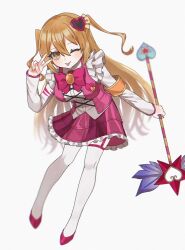 1girl 68oljg :p blonde_hair bow bowtie breasts collared_shirt don_quixote_(project_moon) e.g.o_(project_moon) full_body hair_ornament heart heart_hair_ornament highres holding holding_staff in_the_name_of_love_and_hate_(e.g.o) large_breasts limbus_company lobotomy_corporation_(identity)_(project_moon) long_hair long_sleeves looking_at_viewer one_eye_closed pink_bow pink_bowtie pink_shoes pink_skirt pink_vest project_moon shirt shoes simple_background skirt solo staff standing thighhighs tongue tongue_out twintails v vest white_background white_shirt white_thighhighs yellow_brooch yellow_eyes