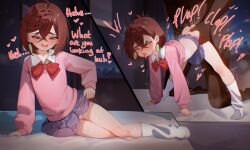 1boy 1girl 2koma age_difference aged_down ahegao all_fours ass ayase_momo bed before_and_after blue_skirt blush bow bowtie brown_eyes brown_hair clothes_lift comic dandadan dark-skinned_male dark_skin drooling earrings english_text eyelashes flat_chest grabbing_another&#039;s_ass groping half-closed_eyes hetero indoors interracial jewelry leaning_to_the_side lifting_own_clothes loli long_sleeves looking_at_viewer matching_hair/eyes medium_hair mesugaki motion_lines naughty_face night no_panties on_bed open_mouth panties pantyshot pink_sweater red_bow red_bowtie rolling_eyes rough_sex saliva sex sex_from_behind shirt sitting size_difference skirt skirt_lift smug socks sweater sweater_lift teeth tongue tongue_out underwear upper_teeth_only very_dark_skin white_panties white_shirt white_socks window yoko-chan_(mijizukeyoko) yokozuwari