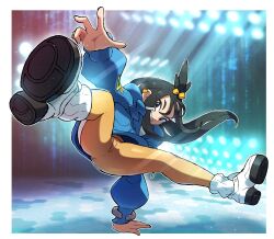 Rule 34 | 1girl, absurdres, ankle boots, black hair, blue hoodie, blue jacket, boots, breakdance, cube hair ornament, dance dance revolution: mario mix, ear piercing, floodlights, full body, grin, hair bobbles, hair ornament, hand up, handstand, highres, hood, hood down, hoodie, indoors, jacket, juno son, lida (pokemon), long hair, looking at viewer, mario (series), mega ring, nintendo, one arm handstand, orange leggings, orange pants, outstretched arm, outstretched hand, pants, piercing, platform boots, pokemon, pokemon legends: z-a, pose imitation, smile, solo, spread legs, tight clothes, tight pants, topknot, two-tone legwear, white boots