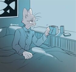 1boy alarm_clock animal_hands babeldj blue_background blue_eyes blue_shirt blue_theme body_fur cat_boy claws clock colored_eyelashes commentary_request furry furry_male indoors looking_to_the_side male_focus original pajamas shirt sitting solo under_covers upper_body whiskers white_fur