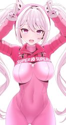1girl absurdres alice_(nikke) animal_ear_headphones animal_ears arms_up bodysuit breasts cat_ear_headphones cat_ears covered_navel cropped_jacket fake_animal_ears gloves goddess_of_victory:_nikke hair_intakes headphones headset highres impossible_bodysuit impossible_clothes jacket koumei_(twinameless) large_breasts latex latex_bodysuit long_hair long_sleeves looking_at_viewer open_mouth pink_bodysuit pink_eyes pink_jacket print_jacket rabbit_pose simple_background smile solo twintails very_long_hair white_background white_gloves white_hair