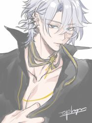 1boy artist_name black_choker black_shirt blue_eyes choker collared_shirt commentary_request earclip honkai:_star_rail honkai_(series) looking_at_viewer male_focus parted_bangs pectoral_cleavage pectorals phainon_(fashion)_(honkai:_star_rail) phainon_(honkai:_star_rail) ponytail shirt short_hair simple_background solo tphageru upper_body white_background white_hair