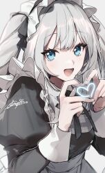 1girl :d apron black_dress black_ribbon blue_eyes dress fate/grand_order fate_(series) four-finger_heart_hands grey_hair heart heart_hands highres juliet_sleeves light_blush long_hair long_sleeves maid maid_apron maid_day maid_headdress marie_antoinette_(fate) neck_ribbon no-kan open_mouth puffy_sleeves ribbon smile solo twintails white_background