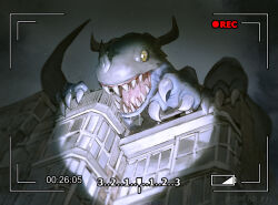 Rule 34 | absurdres, artist name, bly mead, building, claws, creature, digimon, digimon (creature), fangs, grey sky, greymon, highres, horns, horror (theme), monster, no humans, recording, saliva, sky, solo, yellow eyes