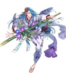 1girl alternate_costume bamboo blue_eyes blue_hair feet female_focus fire_emblem fire_emblem:_path_of_radiance fire_emblem_heroes hair_over_one_eye highres japanese_clothes kimono long_hair lucia_(fire_emblem) lucia_(yukata)_(fire_emblem) matching_hair/eyes nintendo non-web_source official_alternate_costume official_art parted_lips sandals smile solo suzuki_rika toes yukata