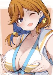 1girl absurdres alternate_breast_size alternate_hairstyle bikini blush breasts cleavage collarbone commentary_request gengoroh grabbing_own_breast hair_ornament hair_over_shoulder highres large_breasts looking_at_viewer love_live! love_live!_superstar!! medium_hair one_eye_closed open_mouth orange_hair purple_eyes shibuya_kanon solo star_(symbol) star_hair_ornament swept_bangs swimsuit upper_body white_bikini