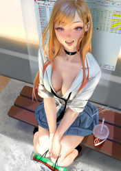 1girl banned_artist barbell_piercing blonde_hair choker downblouse ear_piercing earrings highres industrial_piercing jewelry kitagawa_marin long_hair looking_at_viewer looking_up open_mouth piercing pink_eyes school_uniform sono_bisque_doll_wa_koi_wo_suru tagme zumi_(zumidraws)