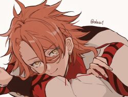 1boy antenna_hair closed_mouth earrings fire_emblem fire_emblem_engage gold_earrings highres jewelry messy_hair nintendo oda32t orange_hair pandreo_(fire_emblem) red_trim robe smile solo white_robe yellow_eyes