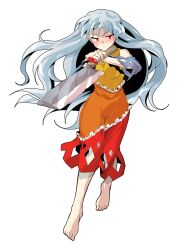Rule 34 | 1girl, alphes (style), bare shoulders, barefoot, blush, breasts, cleaver, commentary request, dairi, detached sleeves, diamond (shape), diamond cutout, dress, frilled dress, frills, full body, grey hair, hair between eyes, highres, holding, large variant set, long hair, long sleeves, medium breasts, multicolored dress, orange dress, parody, red dress, red ribbon, ribbon, sakata nemuno, single strap, solo, style parody, tachi-e, touhou, transparent background, variant set, wide sleeves, yellow dress