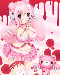 1girl absurdres artist_name bear bear_girl blood blood_on_clothes blood_on_face blood_splatter breasts claws cleavage cosplay cowboy_shot crop_top female_focus gloomy_bear gloomy_bear_(cosplay) headphones highres kigidere large_breasts long_hair looking_at_viewer midriff miniskirt navel nitroplus pink_eyes pink_hair pink_skirt plump signature skindentation skirt solo standing super_sonico thigh_strap thighhighs tongue tongue_out