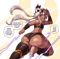 1girl absurdres animal_skull armlet ass ass_focus asymmetrical_legwear breasts brown_shorts brown_socks brown_sports_bra brown_thighhighs dark-skinned_female dark_skin english_text exercising genshin_impact green_eyes grey_hair gym_uniform hair_ornament highres huge_ass iansan_(genshin_impact) jewelry leg_tattoo long_hair looking_at_viewer looking_back micro_shorts mismatched_legwear pointy_ears shorts single_thighhigh skull_hair_ornament small_breasts socks speech_bubble sports_bra sweat tattoo thighhighs twintails wingedwasabi