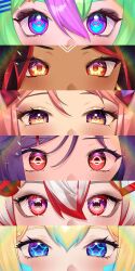 6+girls absurdres black_hair black_hole-shaped_pupils blonde_hair blue_eyes blue_hair blush character_request close-up dark-skinned_female dark_skin eyelashes facial_mark forehead_mark green_hair hair_between_eyes hair_ornament hairpin heart heart-shaped_pupils highres miukiotan multicolored_eyes multicolored_hair multiple_girls pink_hair purple_eyes purple_hair red_eyes red_hair second-party_source star_(symbol) star_in_eye streaked_hair symbol-shaped_pupils symbol_in_eye teeth two-tone_eyes vallure virtual_youtuber white_hair