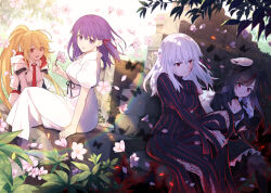 Rule 34 | 4girls, black dress, black hair, blonde hair, body markings, character request, corruption, dark persona, dark sakura, dress, dual persona, fate/stay night, fate (series), gloves, hair ribbon, hat, heaven&#039;s feel, jacket, knives out, long sleeves, matou sakura, multiple girls, necktie, orange eyes, peaked cap, ponytail, purple eyes, purple hair, red eyes, red ribbon, ribbon, saipaco, short sleeves, white dress, white gloves, white hair, white jacket